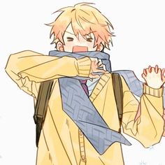 an anime character with blonde hair wearing a yellow jacket and blue scarf, holding his arms out