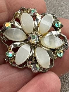 Vintage thermoset and Aurora Borealis stone brooch with roll over clasp White Rhinestone Brooches For Formal Occasions, Formal White Brooches With Rhinestones, Formal White Rhinestone Brooches, White Rhinestone Anniversary Brooches, Aurora Borealis, Thermostat, Favorite Jewelry, Brooch Pin, Brooches