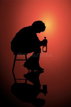 the silhouette of a person sitting in a chair holding a lantern at sunset royalty illustration