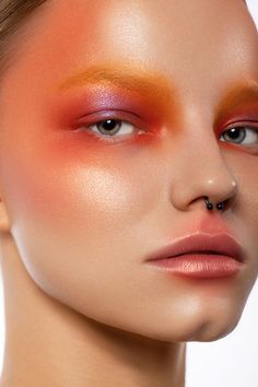 Orange Editorial Makeup, Conference Makeup, Orange Makeup Ideas, Editorial Blush, Apricot Makeup, Blush Draping, Runway Makeup Looks, Sunset Editorial, Aesthetic Eye Makeup