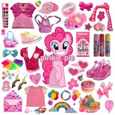 the pinkie pie doll is surrounded by accessories