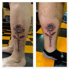 two tattoos on the legs of people with roses