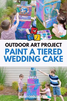 kids painting their wedding cake with the words outdoor art project paint a tiered wedding cake