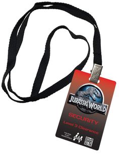 a black lanyard with a red and yellow logo on the front that says,'jurassic park visitor '