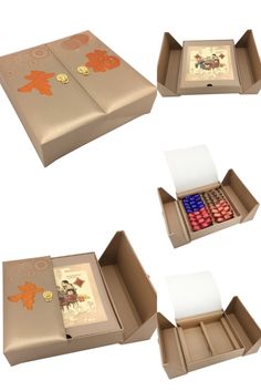 four open boxes with cards and dices in them