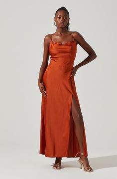 Maxi Satin Dress, Evening Wedding Guest Dresses, Cowl Neck Maxi Dress, Formal Dress Code, Mismatched Bridesmaid Dresses, Burnt Orange Dress, Cami Maxi Dress, Bridesmaid Dress Colors, Cowl Neck Dress