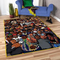 the rug is full of cartoon characters and has yellow border around it, along with a blue couch