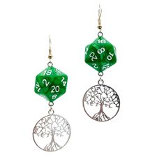 These awesome and beautiful earrings were specially created for the Druid in your RPG group, or any other character who is in tune with the natural world. Two options:Leaf & Flower: Leaf charms in silver-tone pewter and a tiny blue glass flower hang below green D20 dice. The leaf itself is just over an inch long, and the earrings hang about 3-1/2 inches overall.Tree of Life: Silver-tone charm hangs from green D20 dice. The tree is under an inch in diameter, so these are slightly shorter at about Fantasy Style Drop Earrings For Gift, Fantasy Style Drop Earrings Jewelry Gift, Themed Pierced Earrings As A Gift, Themed Earrings For Pierced Ears As Gift, Themed Gift Earrings, Green Spiritual Earrings For Gift, Green Symbolic Nickel-free Jewelry, Spiritual Green Earrings For Gift, Adjustable Fantasy Earrings For Gifts