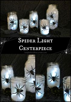 spider light centerpieces in mason jars with white lights and black spider web on them