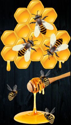 bees on honeycombs flying around and dripping honey from a wooden spoon into a bowl