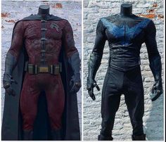 two pictures of the same batman costume and one is wearing a red suit with blue accents