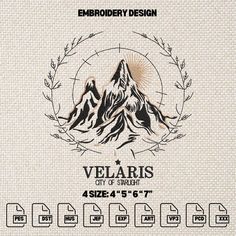 the embroidery design for velaris city of smash is shown in black and white