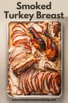 smoked turkey breast in a pan with text overlay