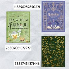 three different books are shown with the same font and numbers on them, including one for tea witch's grimoire