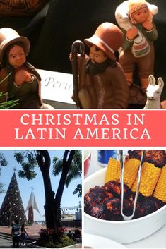 christmas in latin america collage with images of holiday decorations and figurines, including corn on the cob