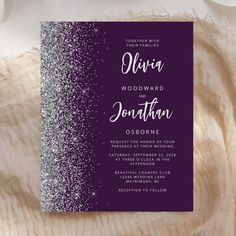 a purple and silver wedding card with glitter on it