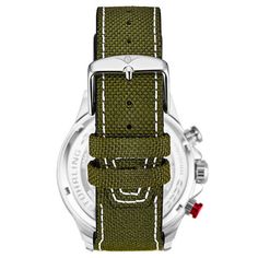 Silver-tone alloy case with a green leather strap. Fixed silver-tone alloy bezel. Green dial with black diamond-shaped style hands and index hour markers. An Arabic numeral appears at the 12 o'clock position. Minute markers around the outer rim. Dial Type: Analog. Luminescent hands and markers. Date display at the 4 o'clock position. Three sub-dials displaying: 60 seconds, 24 hour with am/pm indicator. Quartz movement. Scratch resistant mineral crystal. Pull / push crown. Solid case back. Round case shape. Case size: 45 mm. Case thickness: 12.75 mm. Band length: 8.75 inches. Buckle clasp. Water resistant at 30 meters / 100 feet. Functions: date, hour, minute, second, 24 hour, am/pm indicator. Casual watch style. Stuhrling Original Aviator Quartz Green Dial Men's Watch M13588.specs:Case Cas Green Automatic Chronograph Watch For Business, Green Leather Chronograph Watch, Green Watches With Leather Strap And Round Dial, Green Watches With Metal Dial For Outdoor, Green Outdoor Watches With Metal Dial, Green Tachymeter Watch With Round Dial, Green Outdoor Watch With Metal Dial, Mens Chronograph, Aviator Watch