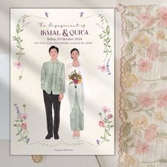 a wedding card with an image of the bride and groom in floral designs on it