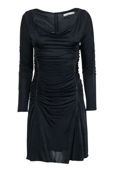 Current Boutique-Karen Millen - Black Cowl Neckline Ruched Mini Dress Sz 6 Flirty Cowl Neck Mini Dress For Evening, Flirty Cowl Neck Mini Dress For Date Night, Fitted Draped Dress With Gathered Neckline, Evening Draped Mini Dress With Ruched Back, Fitted Ruched Mini Dress For Fall, Fall Fitted Dresses With Ruched Sides, Sleek Dresses With Ruched Back For Night Out, Evening Mini Dress With Gathered Neckline, Draped Mini Dress With Ruched Bodice For Date Night