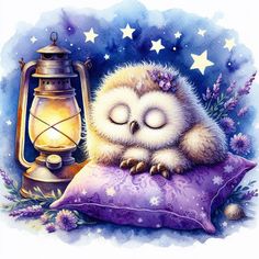 a painting of an owl sleeping on a pillow with a lantern and stars in the background