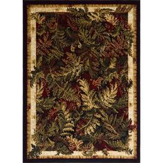 an area rug with pine cones and leaves on the border, in red and green colors