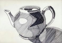 a black and white drawing of a teapot with a cup on it's side