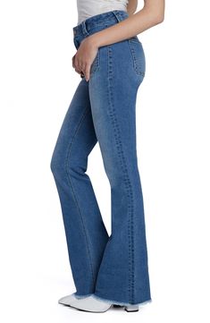 Squared-off patch pockets amp up the vintage vibes of these full-length flared jeans made from soft, faded stretch denim. 32" inseam; 20 1/2" leg opening; 10 1/4" front rise Zip fly with button closure Five-pocket style 71% cotton, 24% REPREVE® recycled polyester, 4% rayon, 1% spandex REPREVE recycled polyester is made from 100% post-consumer recycled plastic bottles Machine wash, tumble dry Imported Denim Blue Flare Jeans With Five Pockets, Stretch Medium Wash Full-length Flare Jeans, Stretch Full Length Flare Jeans In Medium Wash, Medium Wash Stretch Denim Flares, Stretch Medium Wash Denim Flares, Stretch Denim Flares In Medium Wash, Light Wash Stretch Full Length Flares, Light Wash Stretch Flares Full Length, Medium Wash Mid-rise Flares With Five Pockets