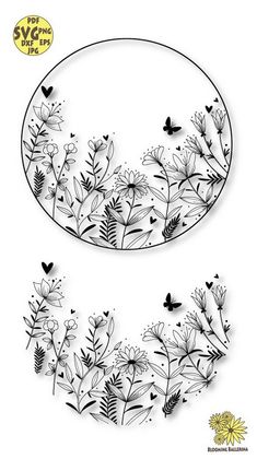 two plates with flowers and butterflies on them, one is black and the other white