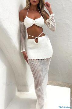 OrcaJump - Halter Neck Two-Piece Swimsuit Set for Stylish Vacations Crochet Maxi Skirt, Cutout Style, Skirt Coverup, Knit Maxi Skirt, Crochet Maxi, Cold Shoulder Long Sleeve, Crop Top Bra, Halter Neck Top, Mesh Skirt