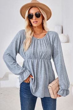 Features: Ruched  Sheer: Opaque  Stretch: Slightly stretchy  Material composition: 65% rayon, 30% polyester, 5% spandex  Care instructions: Machine wash cold. Tumble dry low.  Imported  Product measurements: S:Bust 43.31 in, Sleeve Length 26.77 in, Top Length 25.59 in M:Bust 45.28 in, Sleeve Length 27.56 in, Top Length 25.98 in L:Bust 47.24 in, Sleeve Length 28.35 in, Top Length 26.38 in XL:Bust 50.39 in, Sleeve Length 29.13 in, Top Length 26.77 in 2XL:Bust 53.54 in, Sleeve Length 29.92 in, Top Length 27.17 in Casual Solid Color Ruched Blouse, Gray Stretch Casual Blouse, Two Piece Set Pants, Long Sleeve Coat, Scoop Neck Long Sleeve, Maxi Dress Cocktail, Plus Size Jumpsuit, Maxi Dress Formal, Long Sleeves Coats