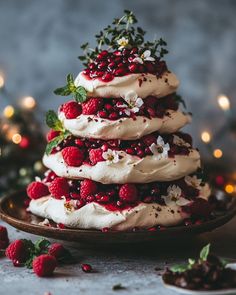 a layered cake with berries and whipped cream on a plate next to some christmas lights