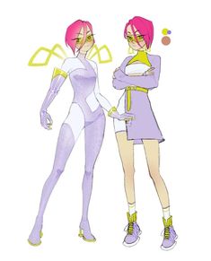 two cartoon characters standing next to each other in front of a white background, one with pink hair and the other wearing purple