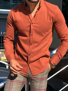 … Orange Color Code, Button Collar Shirt, Handsome Style, Men Fashion Casual Shirts, Orange Outfit, Slim Fit Dress Shirts, Patterned Shirt, Men's Casual Style, Orange Shirt