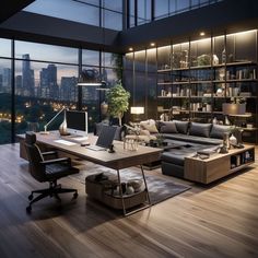 a living room filled with lots of furniture next to a window covered in bookshelves