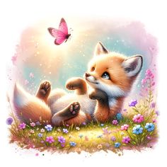 a painting of a baby fox playing with a butterfly