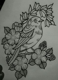 a drawing of a bird sitting on top of flowers