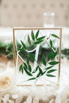 a white rose sitting on top of a table next to a glass frame with leaves