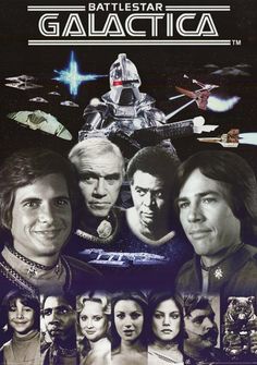 the poster for battlestar galactica, with many different faces and characters on it