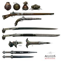 Weapons by Jeff Simpson - Game: Assassin's Creed Revelations http://www.surrealsushi.com/08_acreedWeapon.html# Jeff Simpson, Assassin's Creed Revelations, Concept Art World, Heroic Fantasy, Cool Swords, Assassin’s Creed, Fantasy Armor, Visual Development, Fantasy Rpg