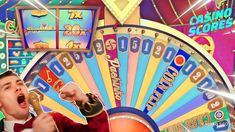 a man holding a microphone in front of a wheel of fortune slot machine with his mouth open