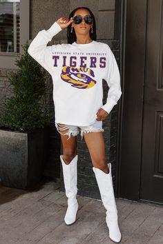 LSU TIGERS BIG GOALS OVERSIZED LONG SLEEVE TEE WITH RIBBED NECKLINE AND CUFFS Tuskegee University Apparel, Lsu Football Game Outfit, Lsu Game Day Outfit, Lsu Outfits, Lsu Shirt, Lsu Game, Tuskegee University, Tiger Team, Big Goals