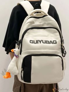 Bird in Bag - Printed College-Style Backpack White Leather Backpack For School, White Leather Backpack For Back To School, White Casual Leather School Backpack, White Leather Student Backpack, White Leather Standard Backpack For Students, Casual White Leather Backpack For Back To School, Casual White Leather School Backpack, Casual White Leather Backpack For School, Casual White Leather Backpack Large Capacity