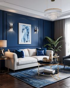 a living room with blue walls and white furniture