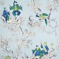 a blue and white wallpaper with birds on it