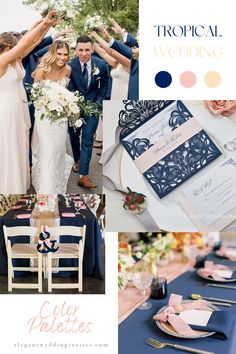 a collage of wedding photos with blue, pink and white colors in the background