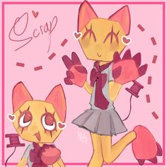 an image of two cats that are in the same drawing style, one is wearing a dress and the other has gloves