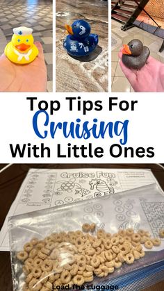 Top tips for cruising with little ones.  Top images are rubber ducks found on a cruise ship and the bottom is cereal in a bag. Doodle Box, Kids Club