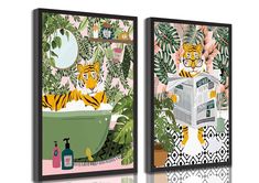 two framed art prints depicting tigers in a bathtub with plants and a mirror on the wall