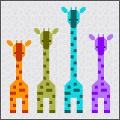 three giraffes are standing next to each other on a white background with a black border