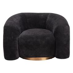 a black chair with gold trimmings and a round shaped cushion on the back